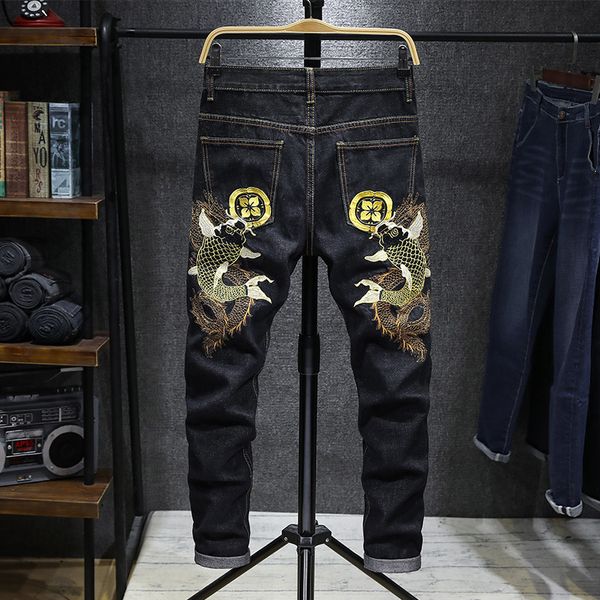 

new european and american style mens slim fit pants jeans primary color carp embroidery black stretch denim trousers, Blue