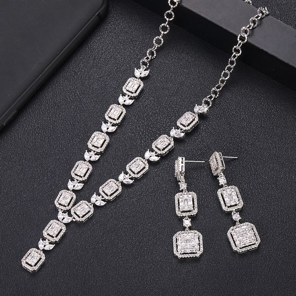 

janekelly luxury cubic zirconia necklace earrings 2pcs dubai full jewelry set for womenbridal dress dinner, Silver