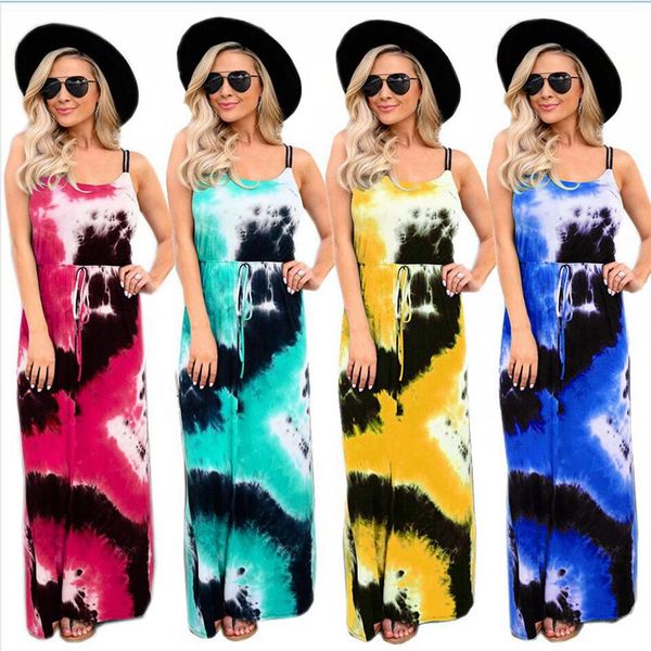 

femal tie dye dresses women maxi printed suspender long dresses summer fashion sleeveless loose casual dreess women clothes ljjp314, White