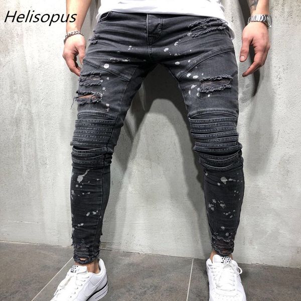 

helisopus men's ripped hole jeans slim hip-hop men denim pants destroyed jeans, Blue