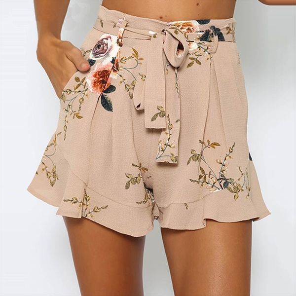 

shorts women floral print short femme 2019 new summer style loose belt casual thin mid casual short womens plus size, White;black