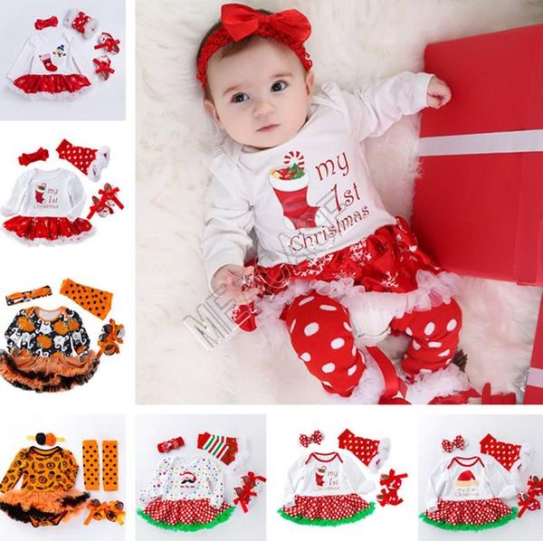 

designer christmas baby rompers long sleeve dress+headband+kneepad+shoes four-piece suit halloween kids pots snow pumpkin jumpsuits d82504, Blue