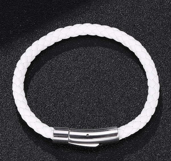 

white leather bracelet men women jewelry simple style braided leather bracelets stainless steel exquisite snaps male wrist003, Golden;silver