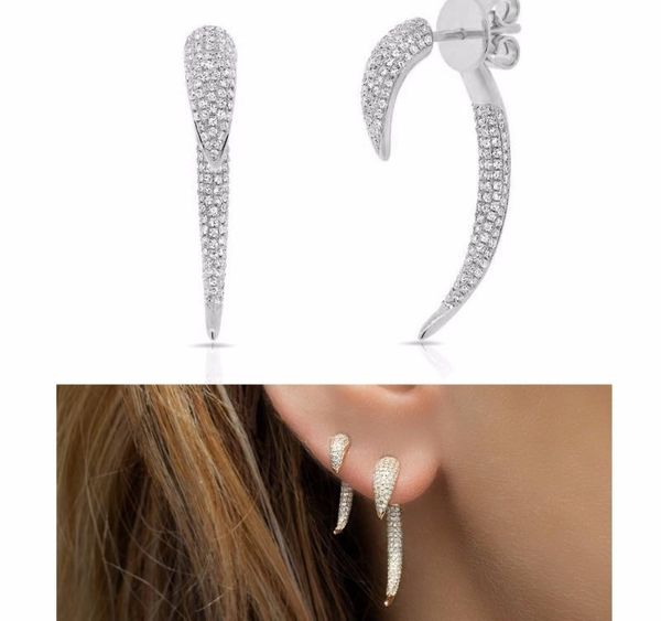 

women punk jewelry rivet spike design front back double side micro pave cz horn stud002, Golden;silver