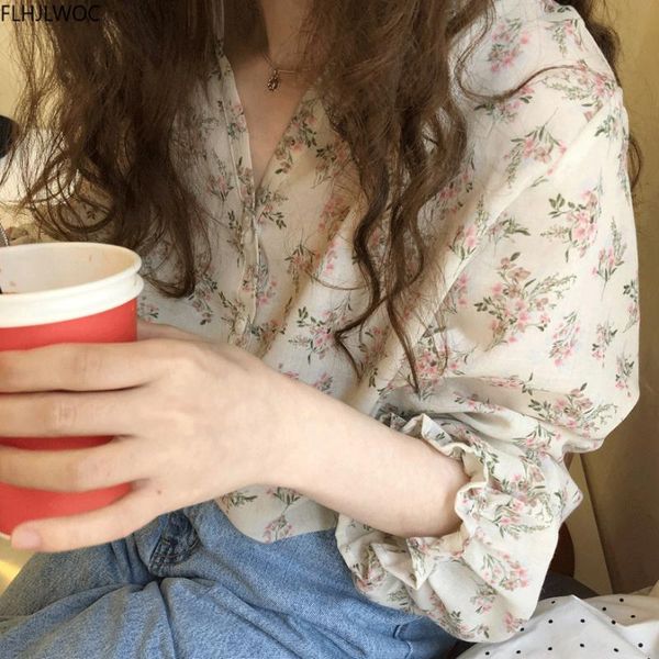 

fairy sweet chic summer comfortable plus size loose blouses cute single-breasted button shirts floral chiffon vintage 2020, White