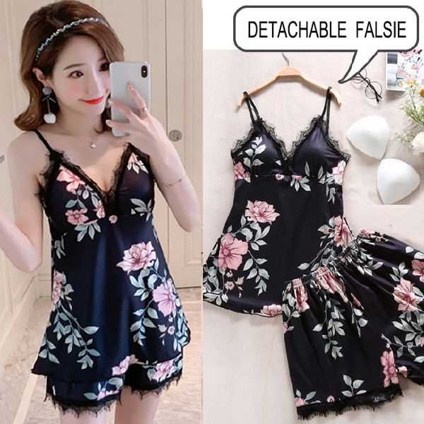 

dormxion sleep lounge pajama set satin sleepwear women summer pyjama femme fashion flower pajamas for women with chest pad, Black;red