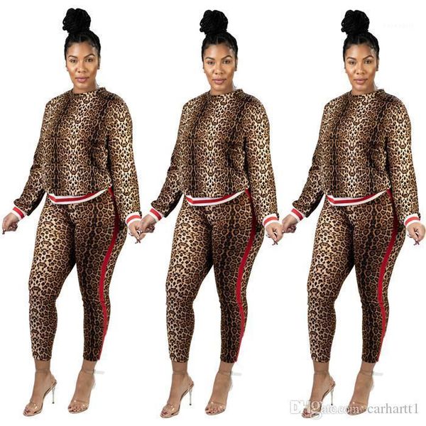

clothing fashion style casual apparel womens autumn designer 2pcs tracksuits crew neck long sleeve leopard print female, Gray