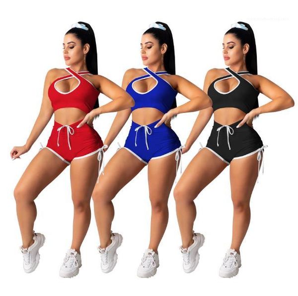 

sleeveless halter solid color crop tracksuits new women two piece shorts women biker shorts set casual, Gray