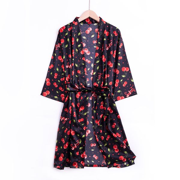

ice silk pajamas nightgown women's summer bathrobe cute cherry printed silk home wear pyjamas women nightwear, Black;red