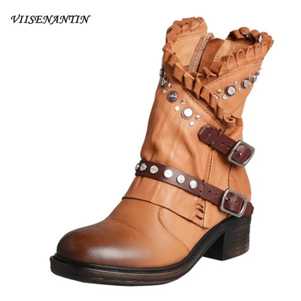 

rivets handsome female british boots retro knight boots brown wine red short female autumn and winter single, Black
