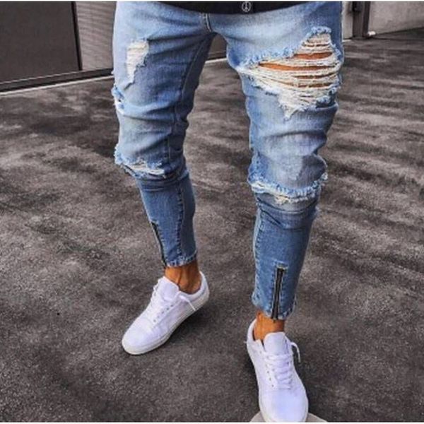 

men's skinny jeans slim fit motorcycle jeans fashion denim knee holes hip hop tattered pants washing men's pants size 28-40, Blue