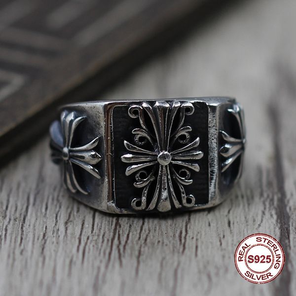 

100% s925 men's sterling silver rings personality retro classic punk style crusader flowers open ring send a gift to love 2019 new hot