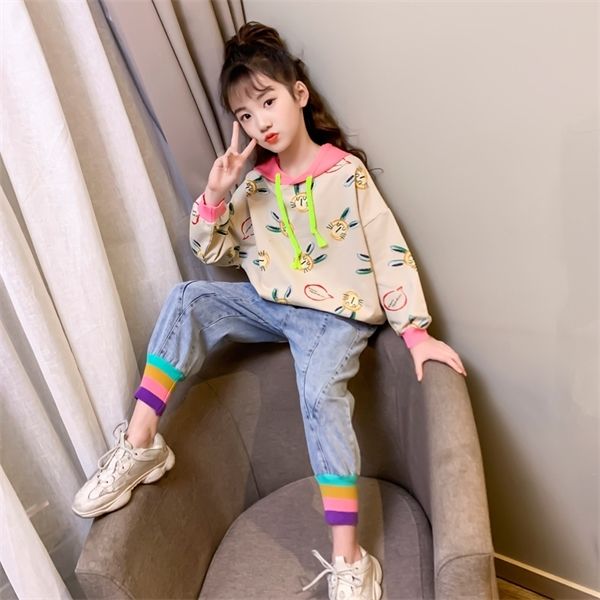 

2020 children's tracksuit rainbow clothes girls clothes 9 10 years children hoodies and pant for teens clothing 12 year old girl, White