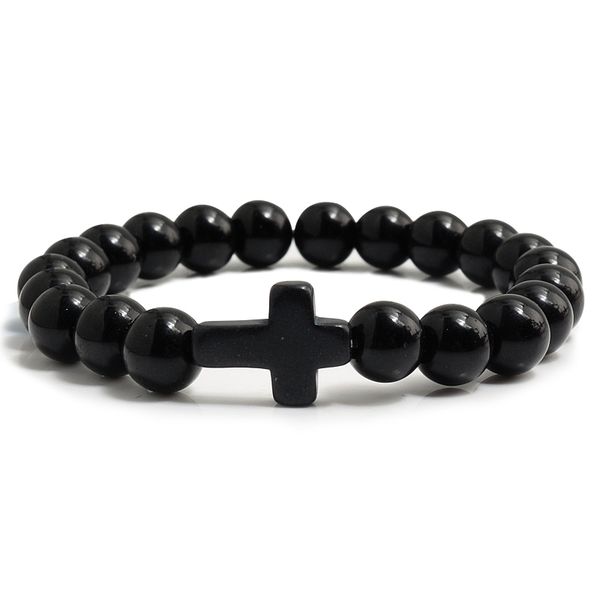 

8mm bright frosted stone cross bracelet muticolor turquoises male&female bangle jesus pray women men jewelry elastic rope string, Black