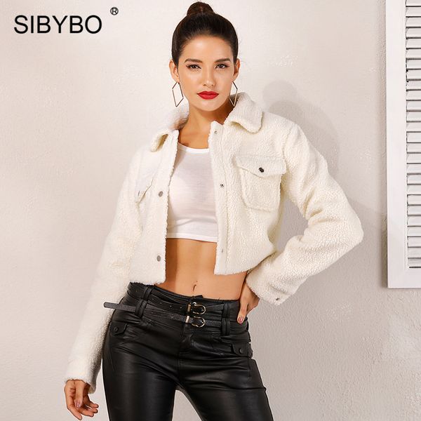 

sibybo faux lambswool lapel women jacket basic coat autumn winter long sleeve buttons crop female casual pocket overcoat, Black;brown