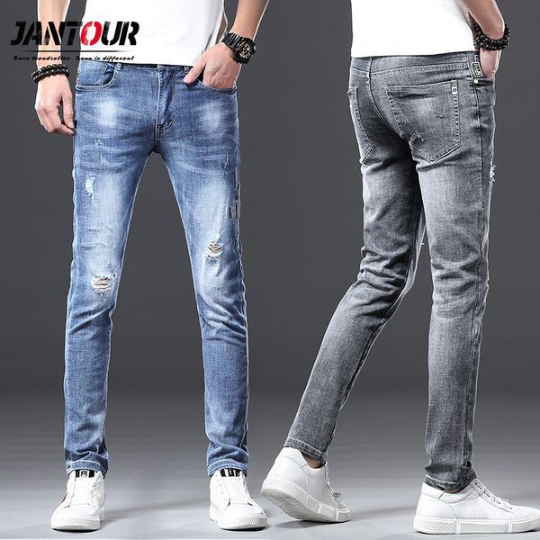 

men's jeans jantour 2021 brand long full trousers men cotton fabric clothing male causal solid blue gary pants mens