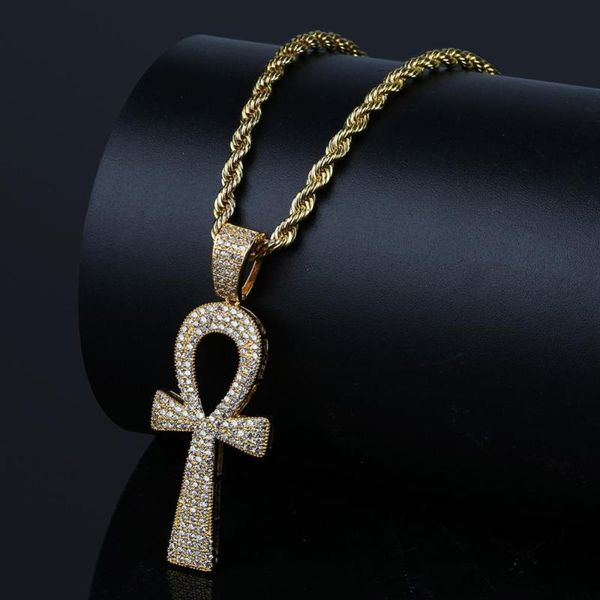 

hip hop new style ankh necklace copper gold silver color plated micro paved cz stone pendant necklace rope chain