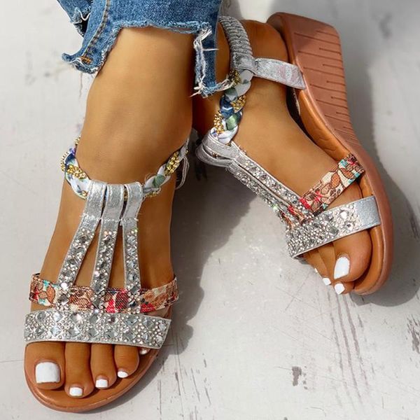 

2020 new wholesale gladiator wedge heels elastic band crystals summer women shoes woman sandals leisure beach sandals, Black
