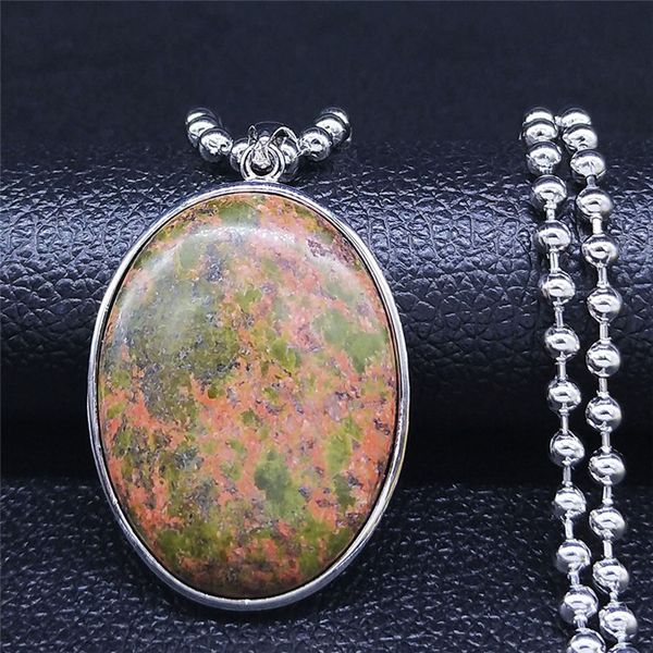 

2020 oval natural stone stainless steel chain necklace for women silver color big long necklace jewelry collar mujer n4521s04