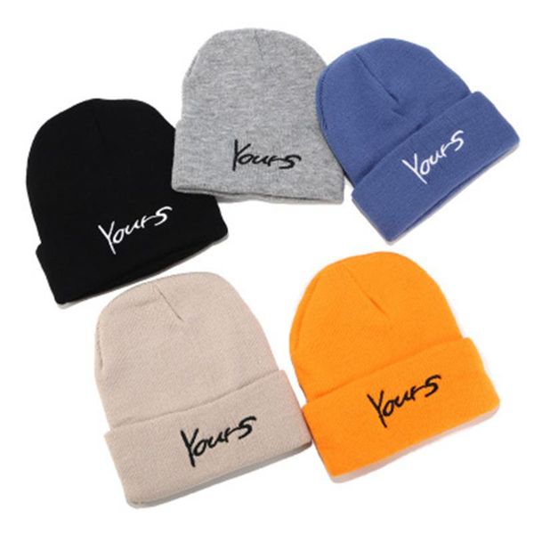 

winter knitted yours letter skullcap casual hip hop hat women men acrylic beanie cap keep warm elastic hats 6 color, Blue;gray