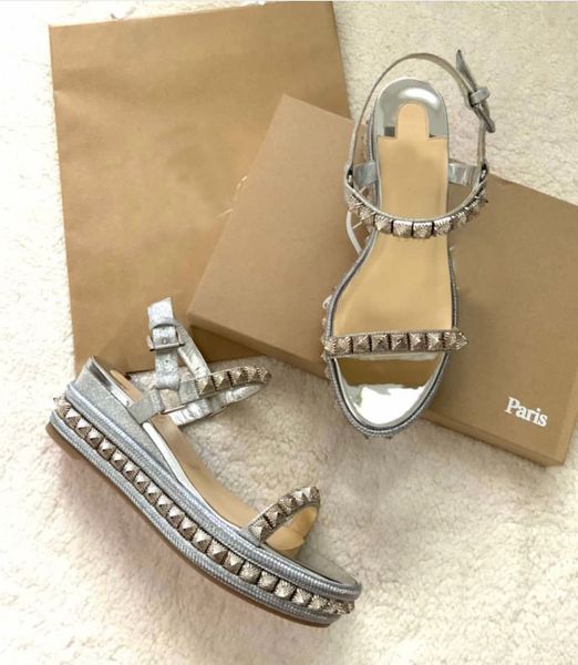 

popular summer pyraclou 60 studded red bottom wedge sandals comfort platform wedges brands women high heels gladiator sandals eu43, Black