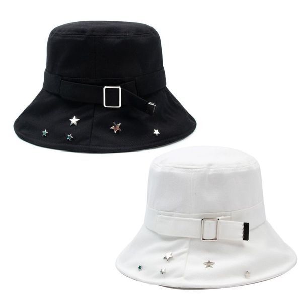 

women pentagram star rivets harajuku bucket hat metal buckle decorative outdoor sunscreen hip hop panama fisherman cap, Blue;gray