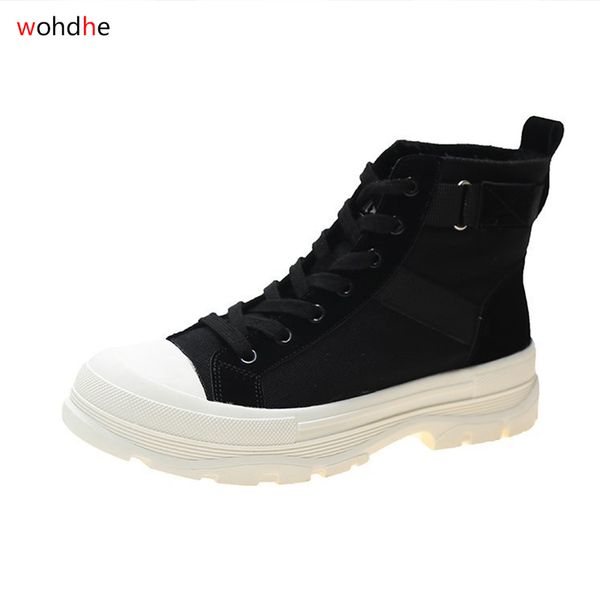 

wohdhe thick bottom platform women mid- calf canvas boots non-slip autumn bootines chunky heels mujer 2020 mujer, Black