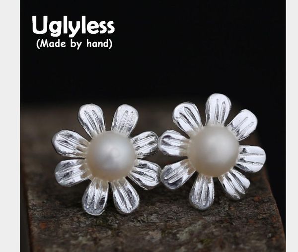 

uglyless real s990 fine silver women elegant pearls stud earrings handmade engraved daisy flower studs elegant statement brincos, Golden;silver