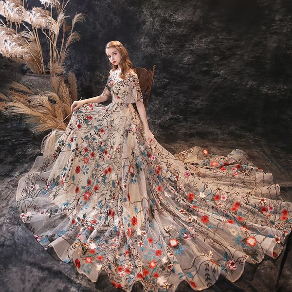 

fairy evening dresses short sleeve lace embroidery sequin prom gowns 2020 hollow lace-up back sweep train special occasion dress, Black;red