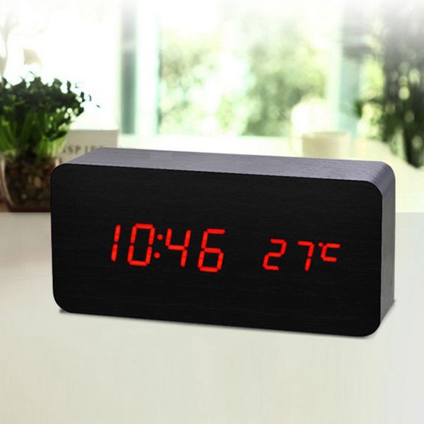 

led alarm clock wooden digital temperature electronic sounds control for desktable home b99
