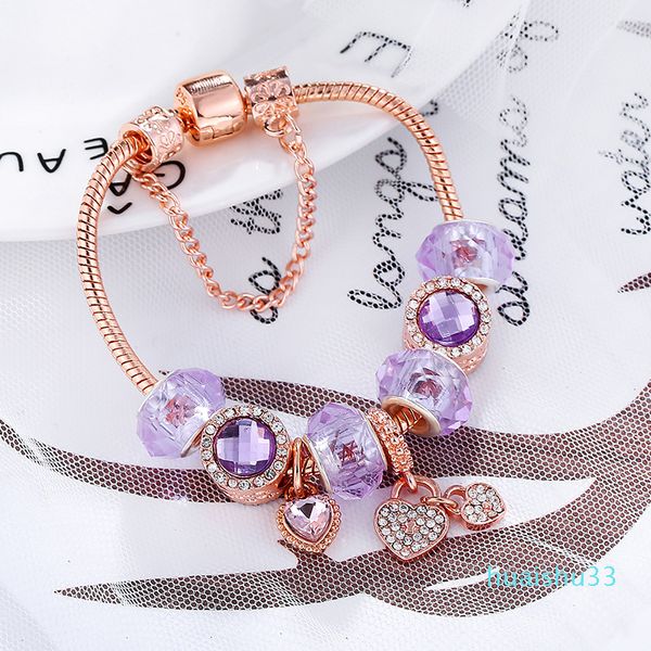 Moda cristallo di diamante dal design di lusso caldo di vendita europeo DIY perline dolce braccialetto braccialetto fascino del cuore per donna ragazze in oro rosa