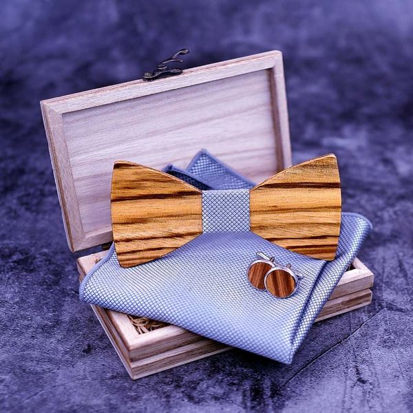 

men's plaid wooden bow tie set striped wood bowtie handkerchief cufflinks sets with wood box for men wedding gift, Blue;purple