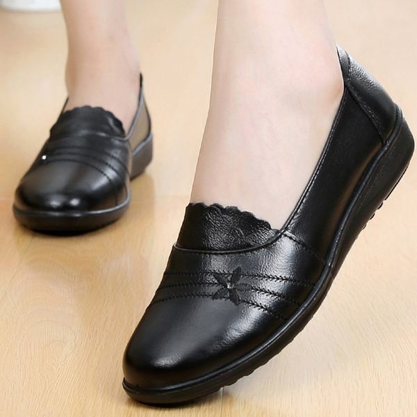 

breathable genuine leather loafers women black flats ladies shoes large size 4.5-11 non slip female shoes autumn 2020