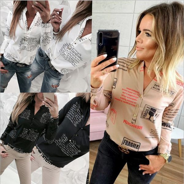 

2020 spring new women blouse shirts long sleeve v neck letter printed white casual shirt blusas 3xl plus size