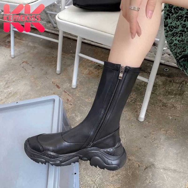 

kemekiss real leather women short boots flats zipper shoes round toe winter warm boots women fashion party footwear size 34-39, Black