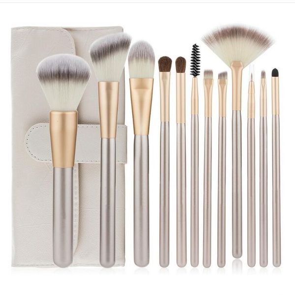 POPFEEL PROFESSIONAL cremiges Make-up-Pinselset mit 12 Pinseln, Holzgriff und Nylonhaar, mit Lederetui