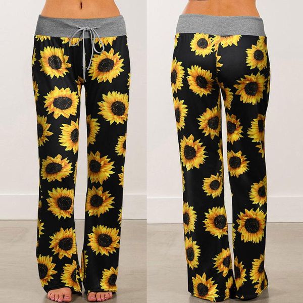 

wide leg sports yoga pants women comfy stretch sunflower print drawstring home sports gym long trousers leginsy sportowe damskie, White;red