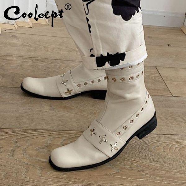 

coolcept women half short boots real leather metal decoration women winter shoes cool fashion ladies shoes footwear size 33-40, Black