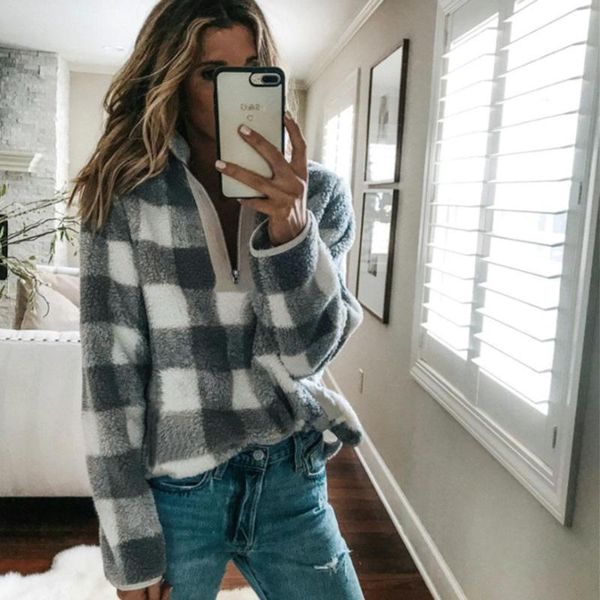 

women casual long sleeve zip plaid casual, street, outdoor, etc pullover sweatshirt front outwear coat, Black