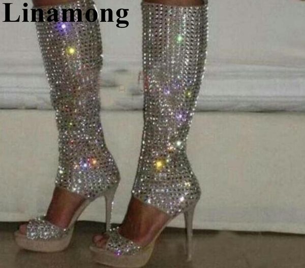 

bling bling crystal fashion women boots spring and autumn mid-calf thin high heel and peep toe est womne shoes, Black