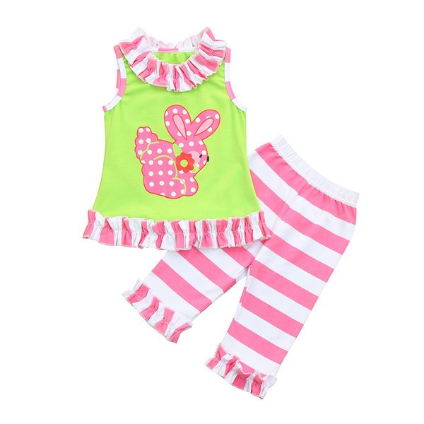 

clearance cut baby girls toddler infant baby girls easter rabbit ruffles striped pants outfits set z0211, White