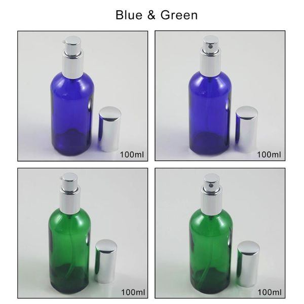 

wholesale 100ml green/blue perfume glass silver spray and lotion pump bottle