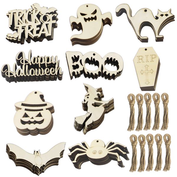 

10pcs happy halloween party decorations gifts for kids wooden hanging ornaments pumpkin ghost witch cutouts wood crafts slices
