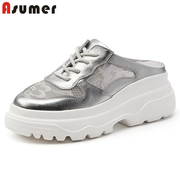 

asumer 2020 new arrive women slipper genuine leather lace cross tied summer casual shoes fashion flat platform slipper ladies, Black