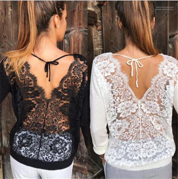 

female clothing casual apparel womens desinger backless tshits long sleeve lace panelled womens solid color tshirts, White