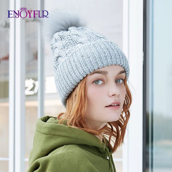 

enjoyfur winter hats for women faux fur pompom female caps thick warm lining beanies for girls, Blue;gray
