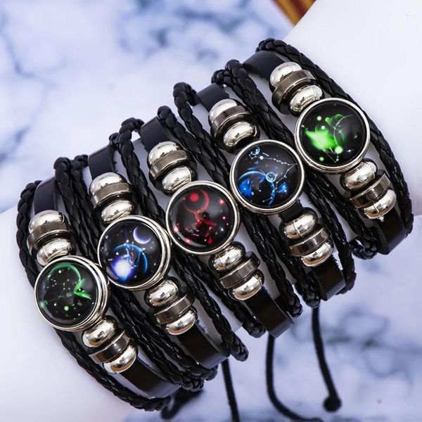 

twelve constellation snap leather bracelet european and american cross-border zodiac bracelet foreign trade wholesale men and women jewelry, Golden;silver