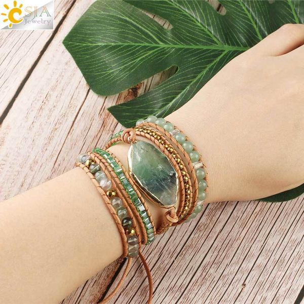 

csja natural stone bracelets green fluorite crystal aventurine bead leather wrap bracelet multilayer boho pulseira feminina g118 t200323, Golden;silver