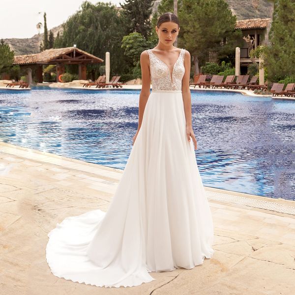 

Summer Boho Wedding Dress Sexy V Neck Chiffon Beach Wedding Dress Lace Applique Bride Dress Wedding Gowns Vestido De Noiva, White