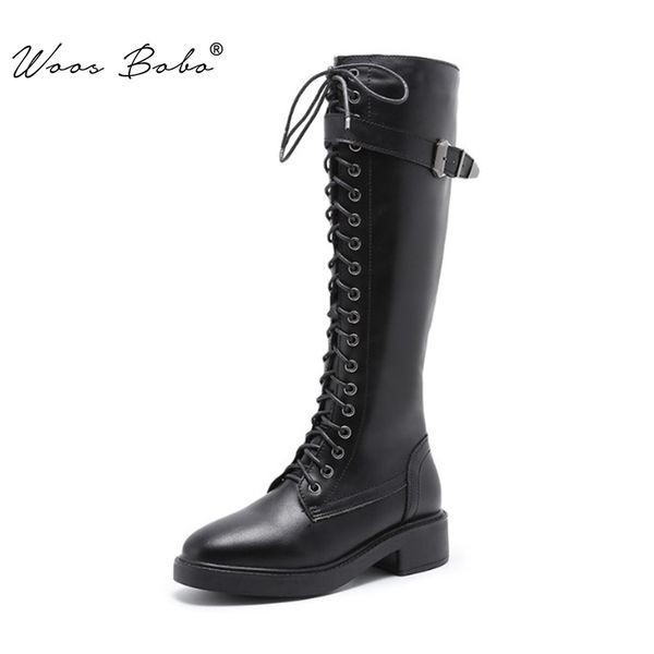 

knight boots women lace up side zipper buckle design high boots autumn/winter plus size with fur flat knee women, Black